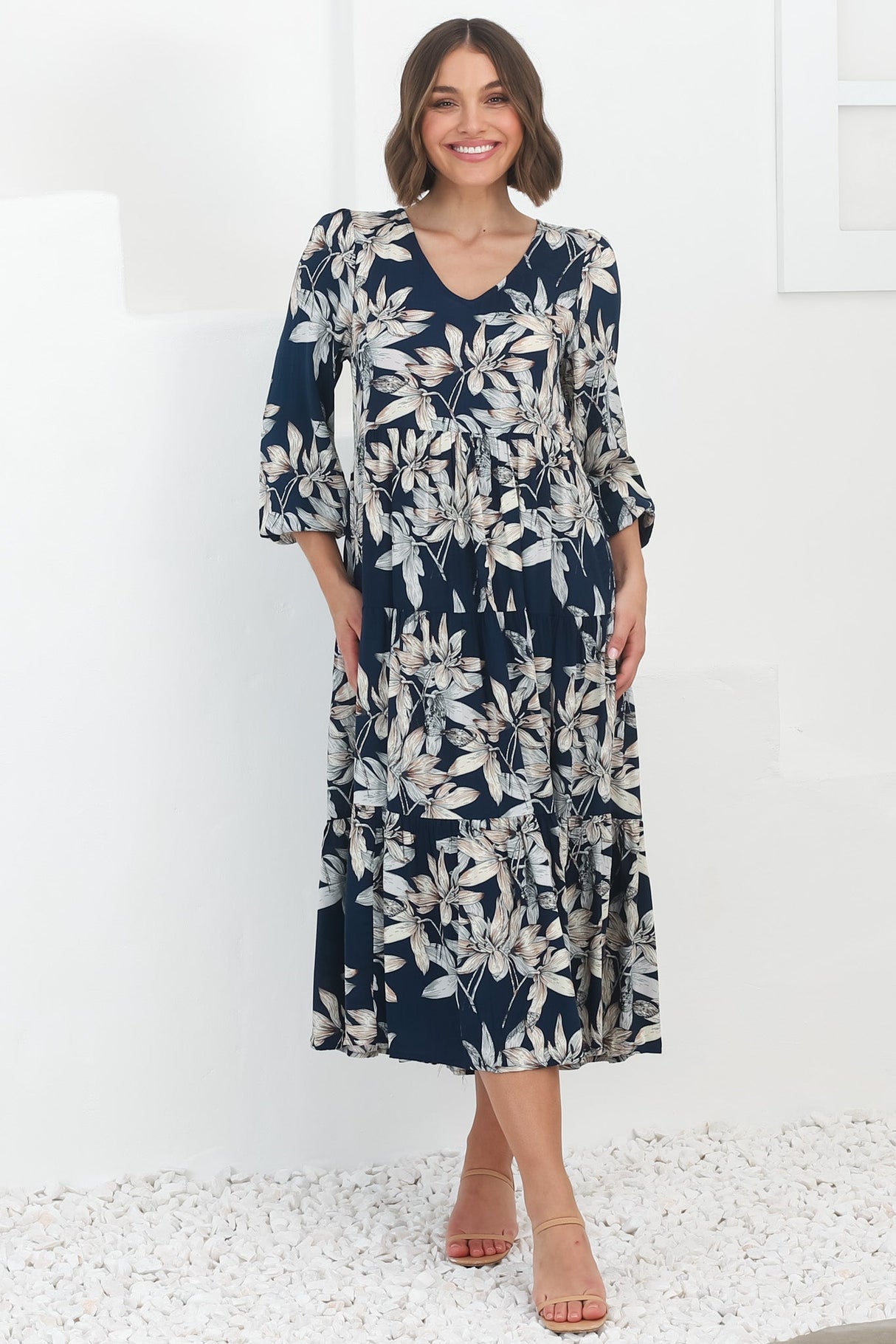 Erin Midi Dress: Tiered Smock Dress in the Frigg Print