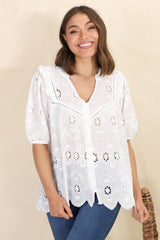 Karine Top - Mandarin Collar Embroiled Button Down in White