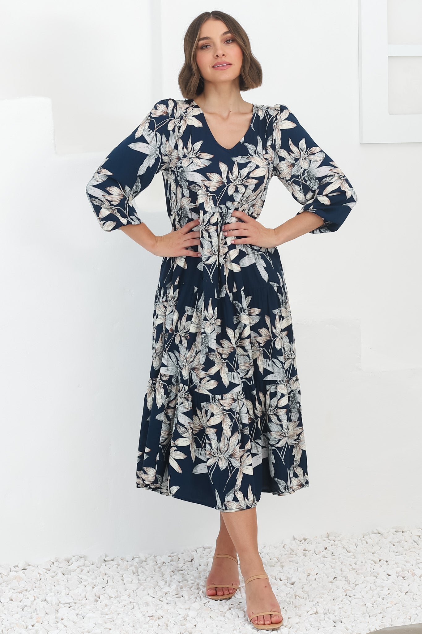 Erin Midi Dress: Tiered Smock Dress in the Frigg Print