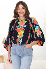 Celle Blouse - Pull Over Top with Long Balloon Sleeves in Octavia Print Navy