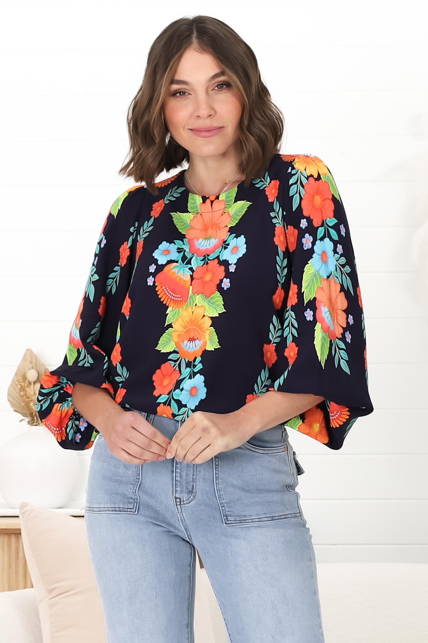 Celle Blouse - Pull Over Top with Long Balloon Sleeves in Octavia Print Navy