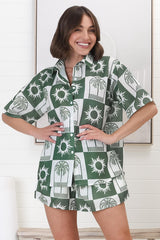 Mirian Button Up Shirt And Shorts Set - Layah Print in Green