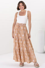 Billy Maxi Skirt - Tiered Crochet Insert Skirt in Kalah Print Beige