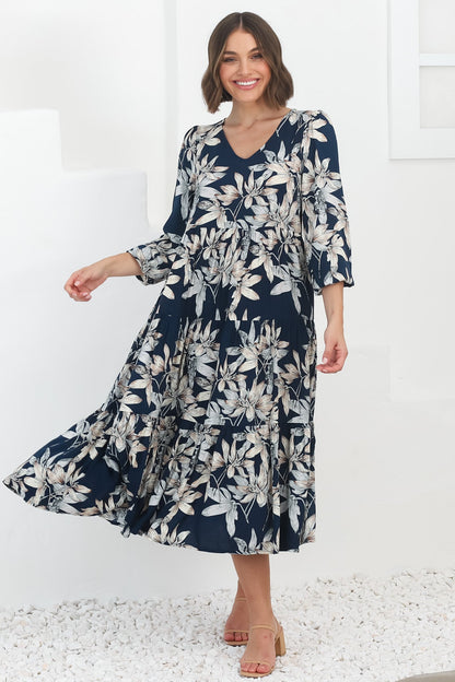 Erin Midi Dress: Tiered Smock Dress in the Frigg Print