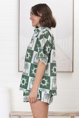 Mirian Button Up Shirt And Shorts Set - Layah Print in Green