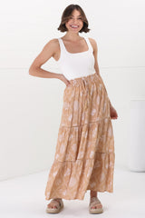 Billy Maxi Skirt - Tiered Crochet Insert Skirt in Kalah Print Beige