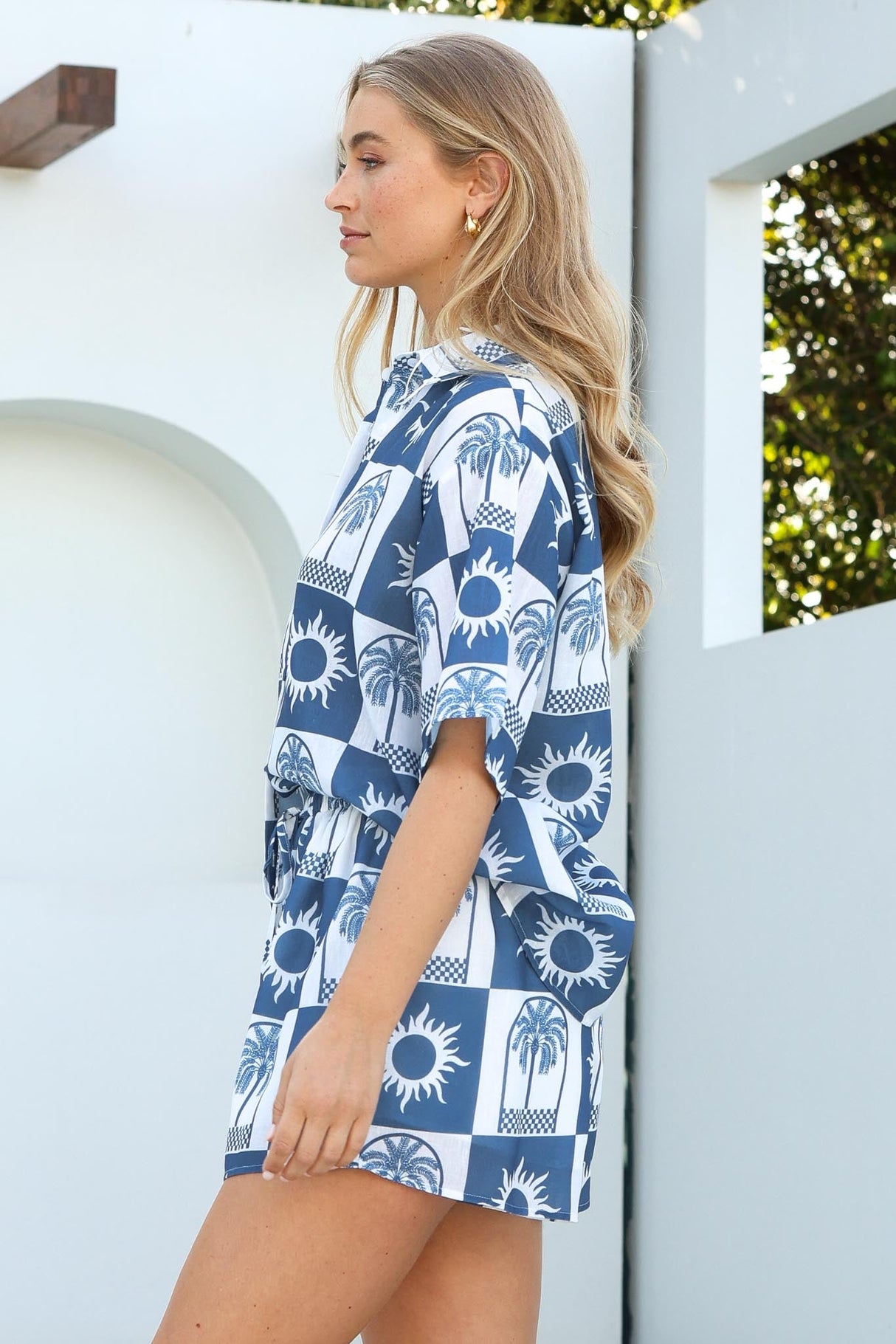 Mirian Button Up Shirt And Shorts Set - Layah Print in Blue