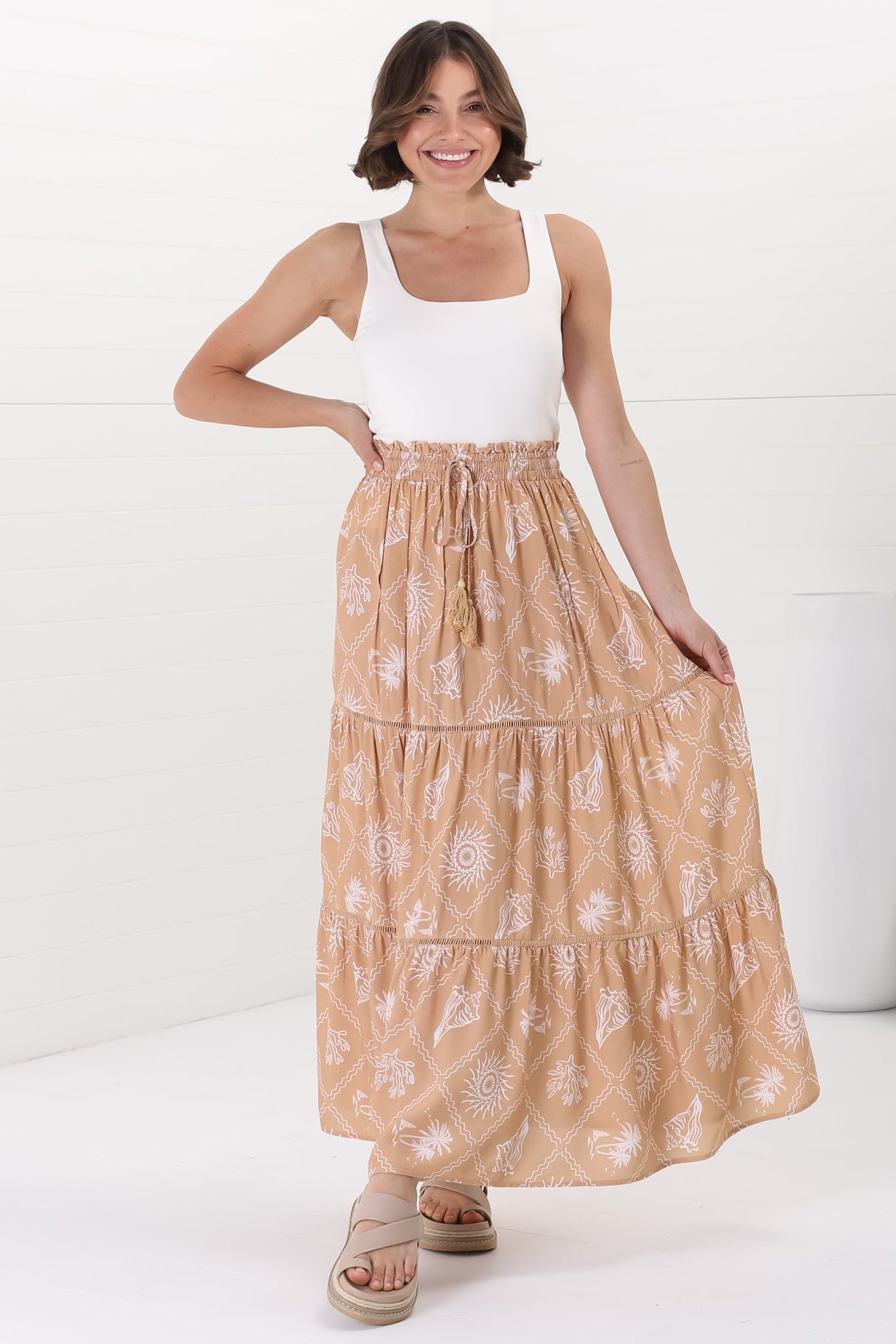 Billy Maxi Skirt - Tiered Crochet Insert Skirt in Kalah Print Beige