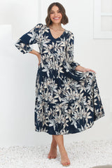 Erin Midi Dress: Tiered Smock Dress in the Frigg Print