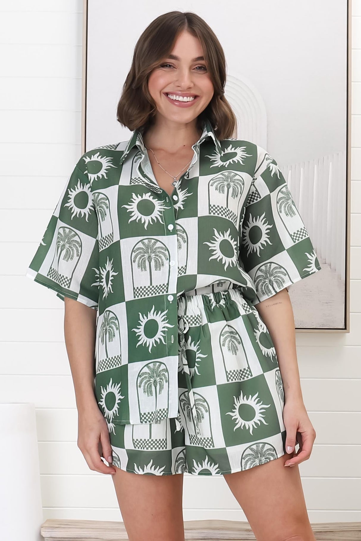 Mirian Button Up Shirt And Shorts Set - Layah Print in Green