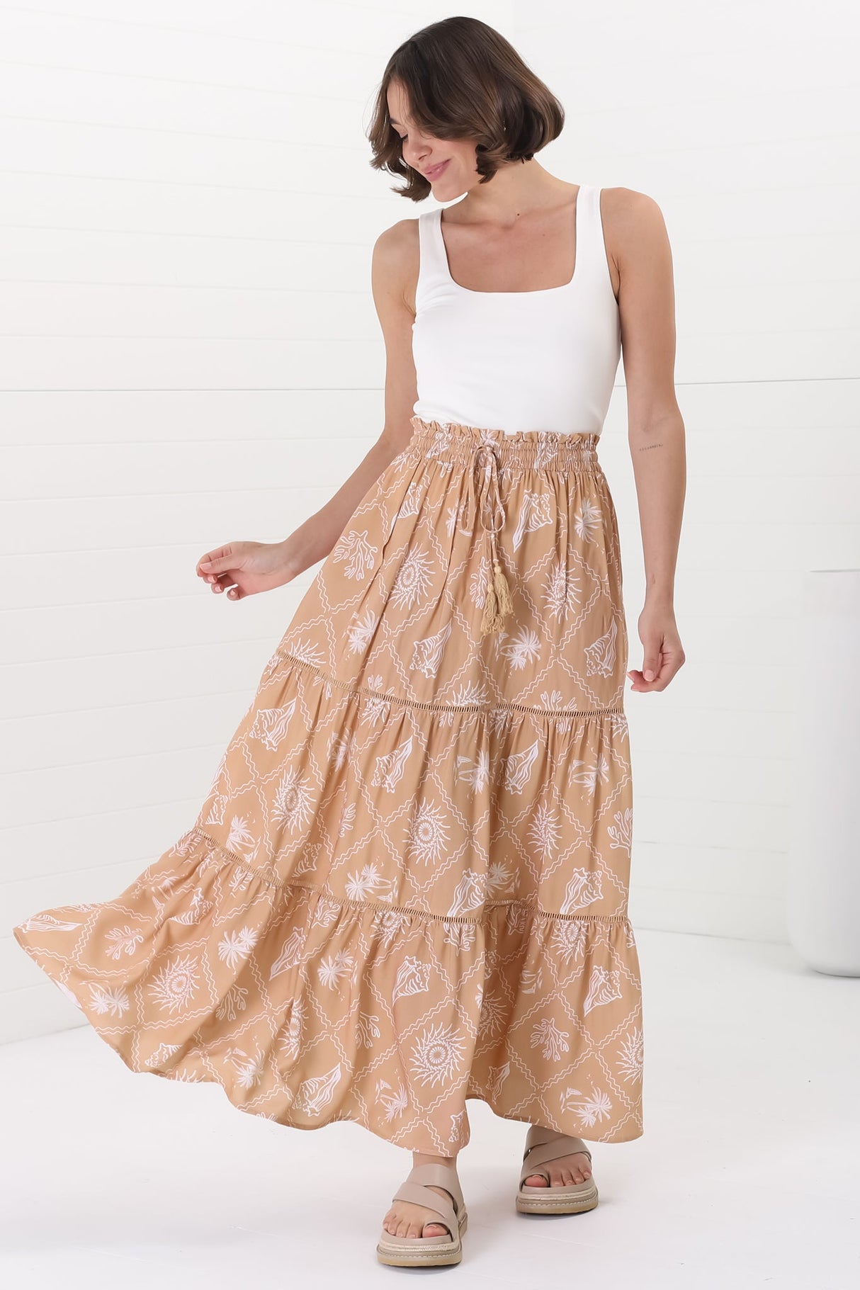 Billy Maxi Skirt - Tiered Crochet Insert Skirt in Kalah Print Beige