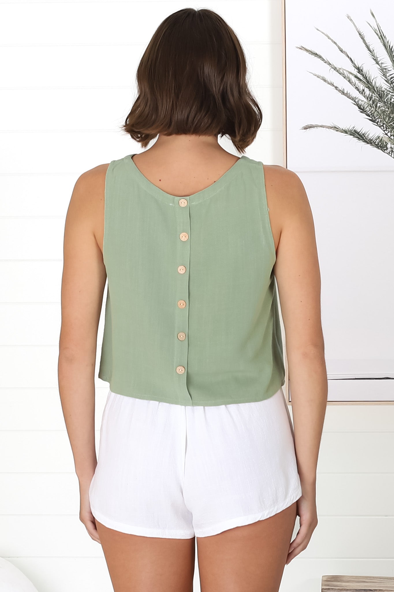 Kaydee Top - Boxy Sleeveless Top with Button Down Spine in Khaki