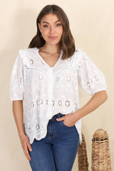 Karine Top - Mandarin Collar Embroiled Button Down in White