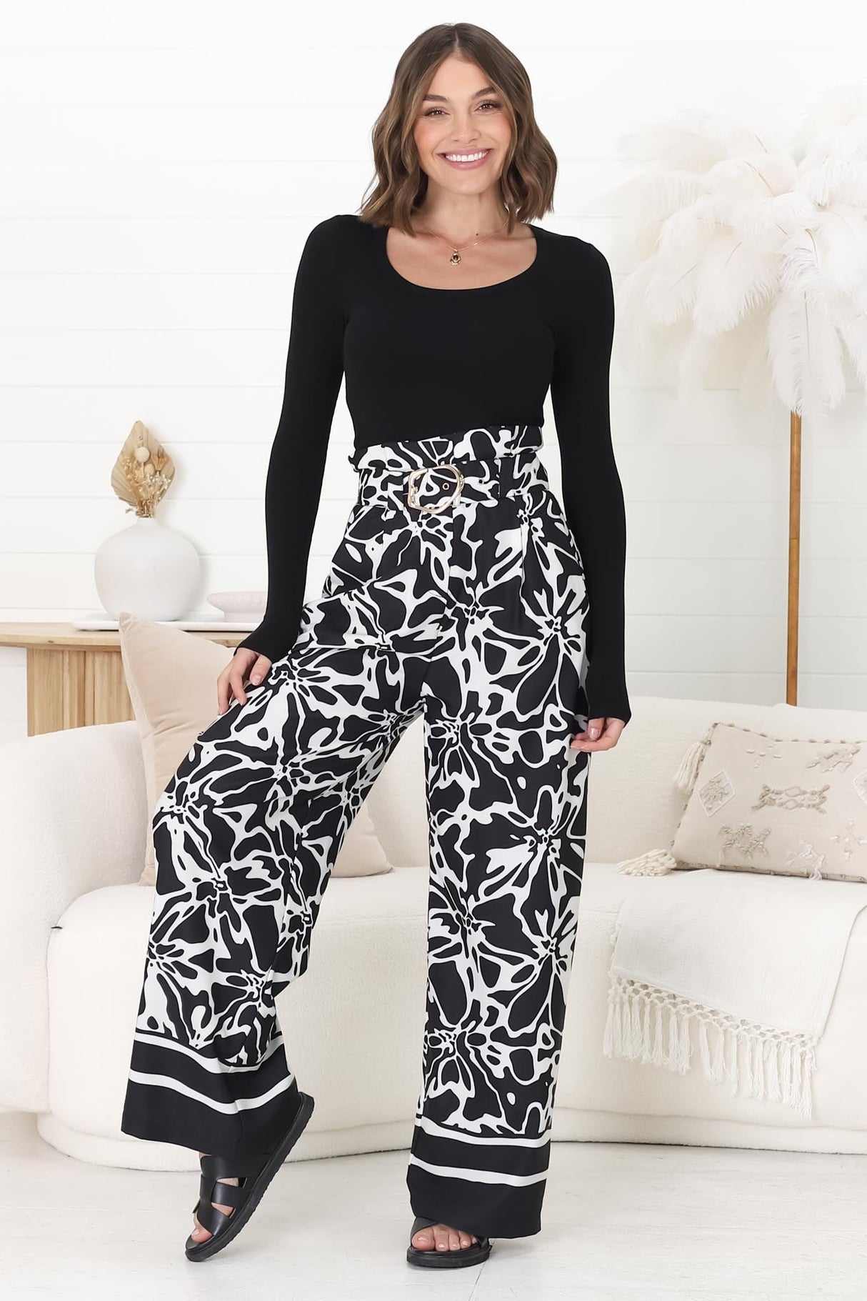 Mona Pants - Paper Bag High Waisted Wide Leg In Alessa Print