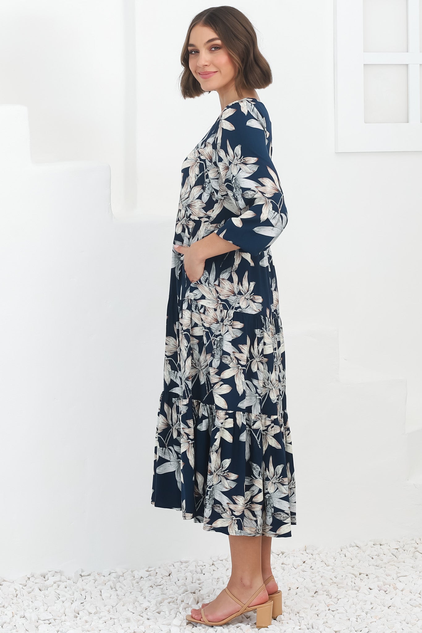 Erin Midi Dress: Tiered Smock Dress in the Frigg Print