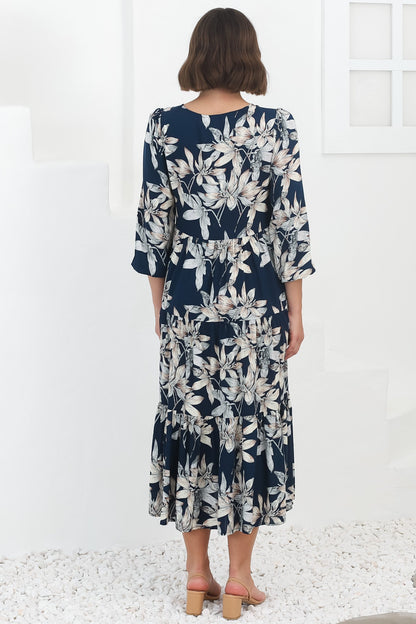 Erin Midi Dress: Tiered Smock Dress in the Frigg Print