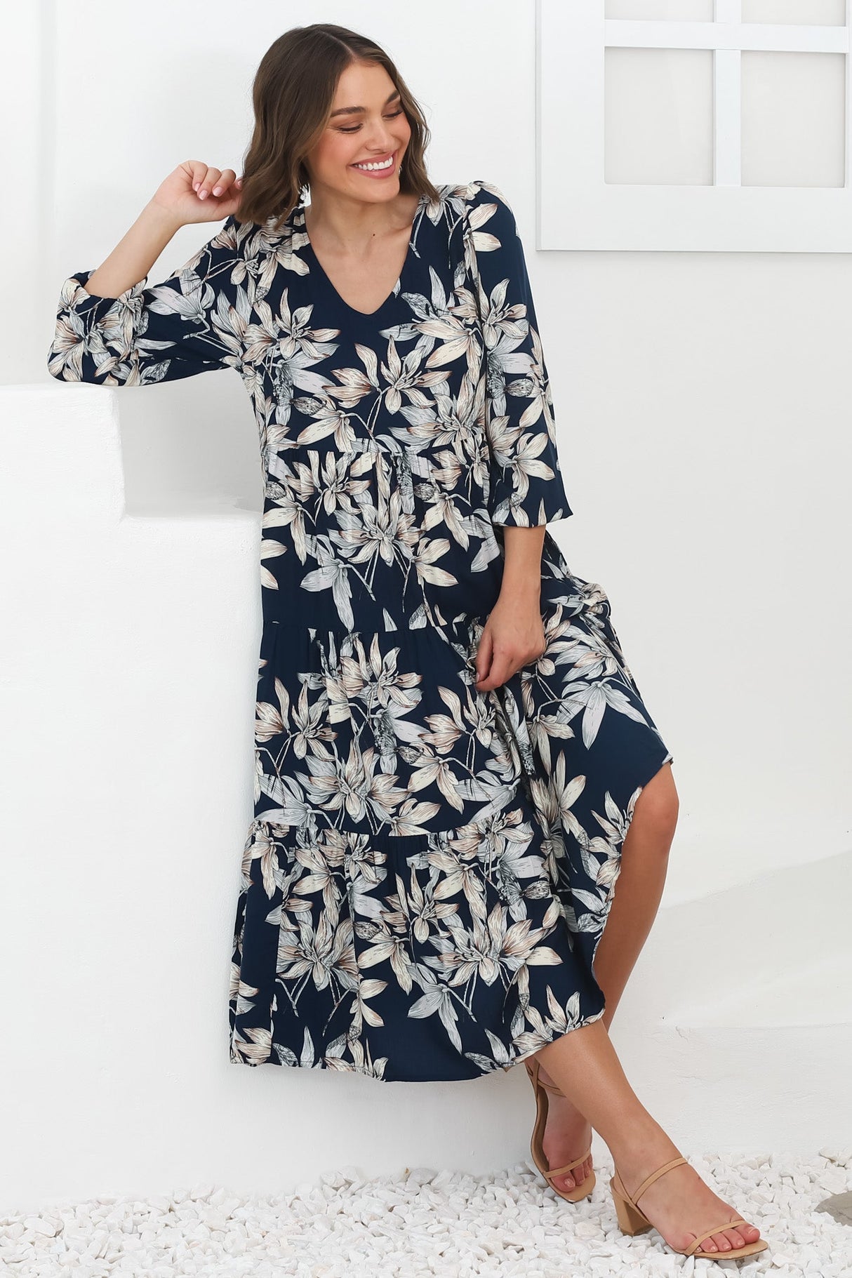 Erin Midi Dress: Tiered Smock Dress in the Frigg Print