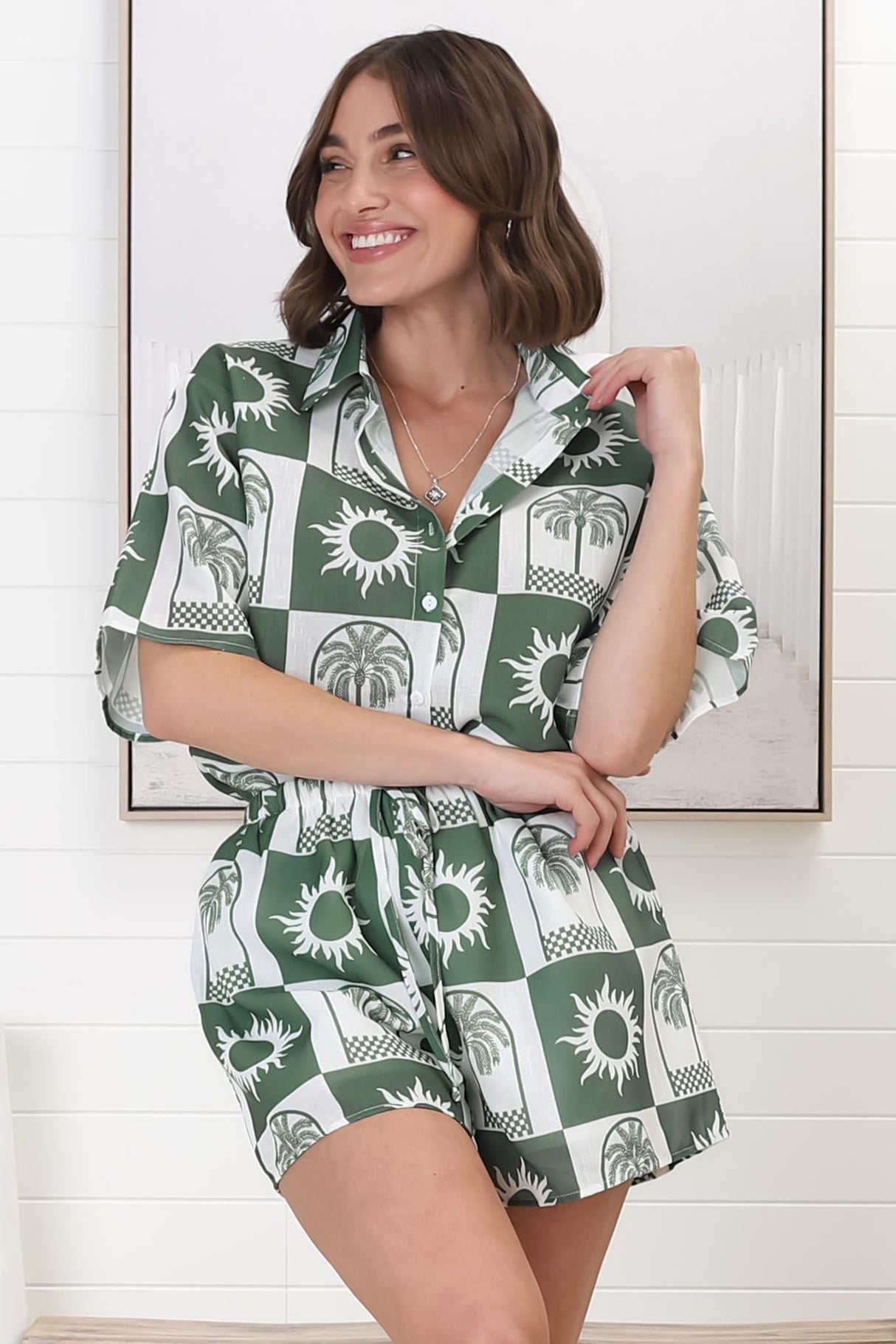 Mirian Button Up Shirt And Shorts Set - Layah Print in Green