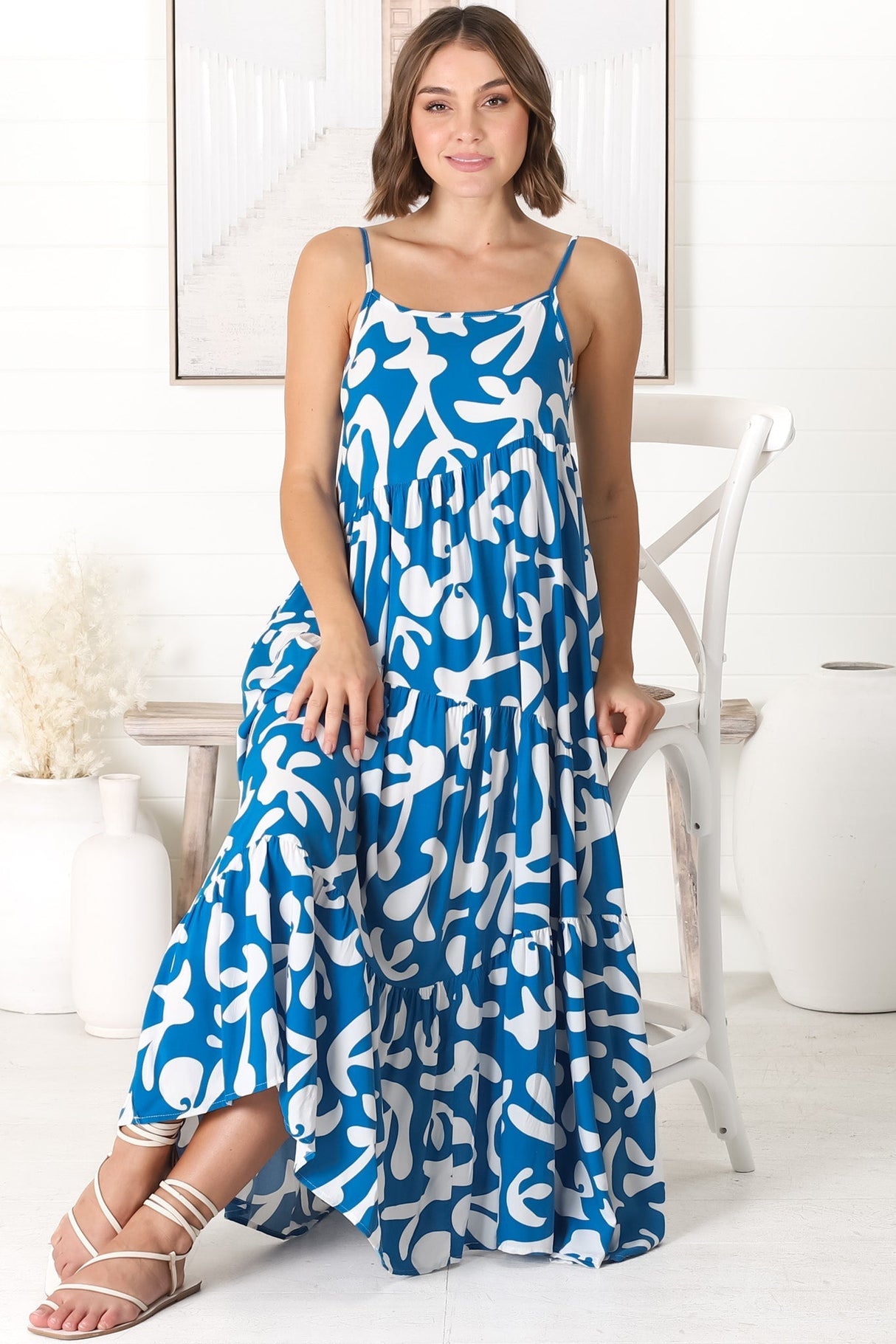 Kana Maxi Dress - Spaghetti Strap Asymmetric Tiered Dress in Jaxie Print Blue