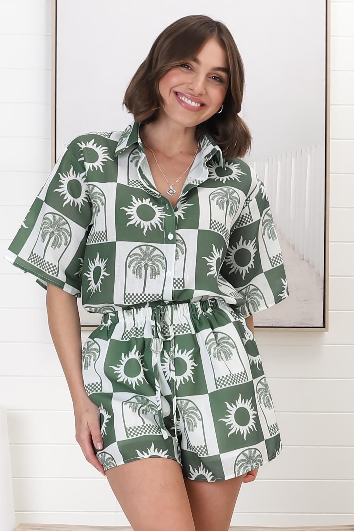 Mirian Button Up Shirt And Shorts Set - Layah Print in Green