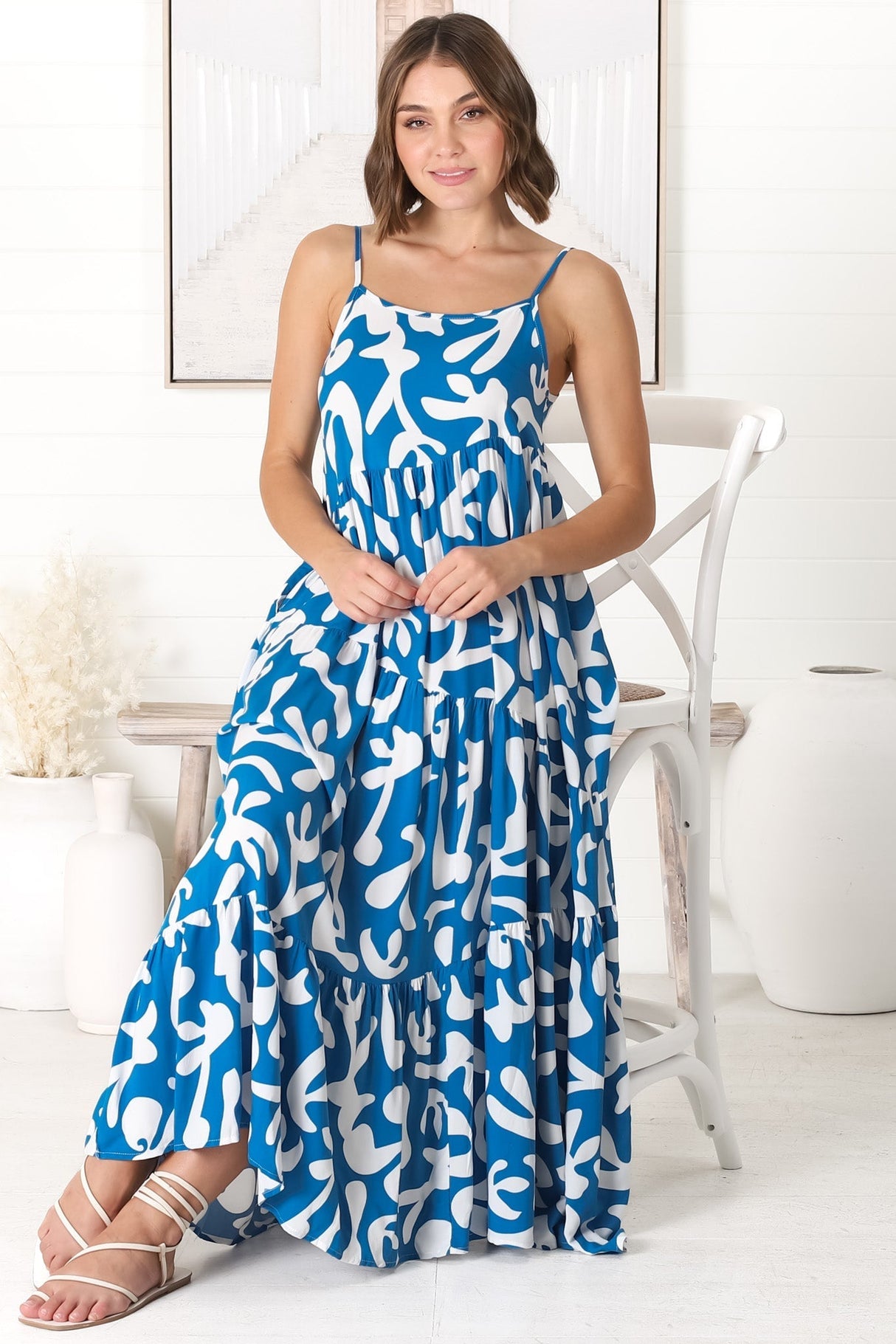 Kana Maxi Dress - Spaghetti Strap Asymmetric Tiered Dress in Jaxie Print Blue