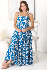 Kana Maxi Dress - Spaghetti Strap Asymmetric Tiered Dress in Jaxie Print Blue