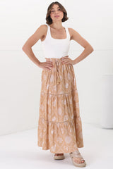 Billy Maxi Skirt - Tiered Crochet Insert Skirt in Kalah Print Beige