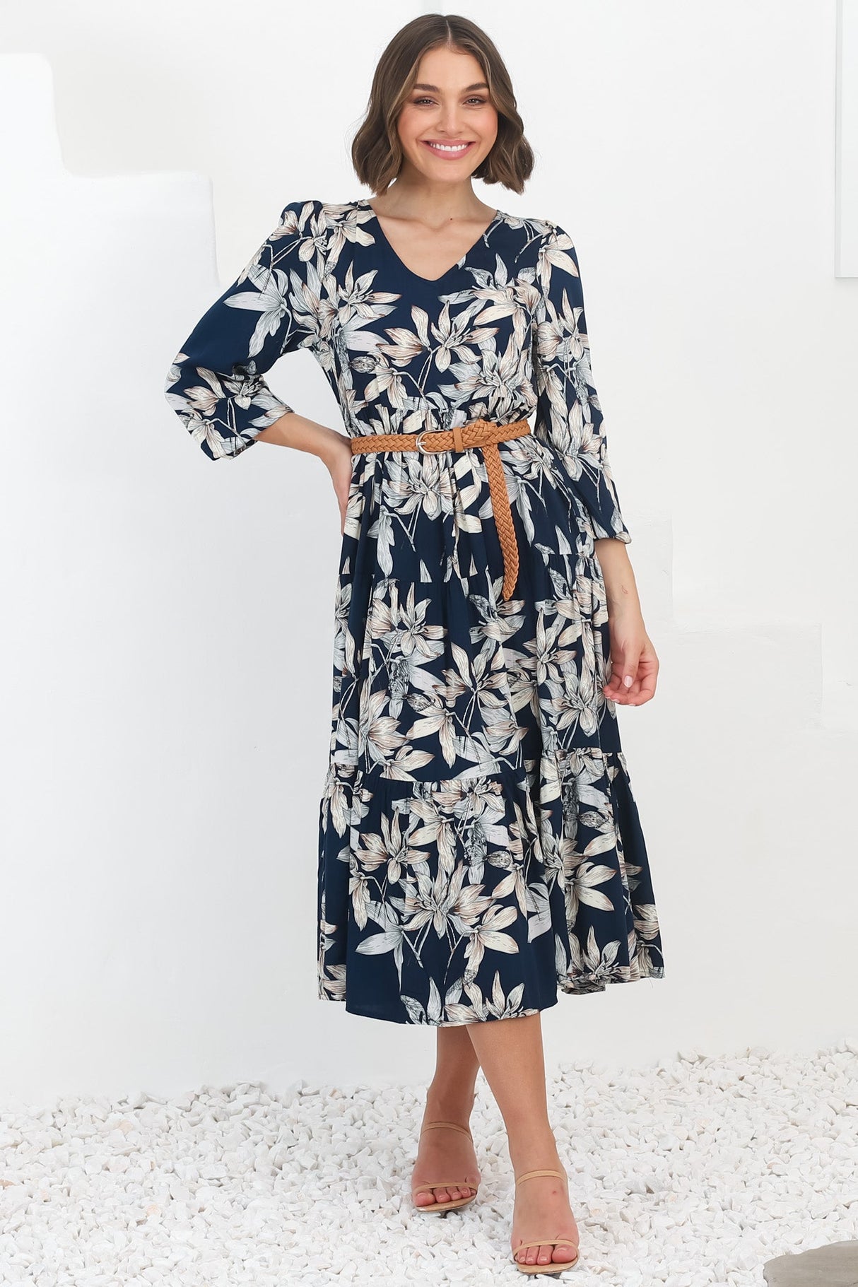 Erin Midi Dress: Tiered Smock Dress in the Frigg Print