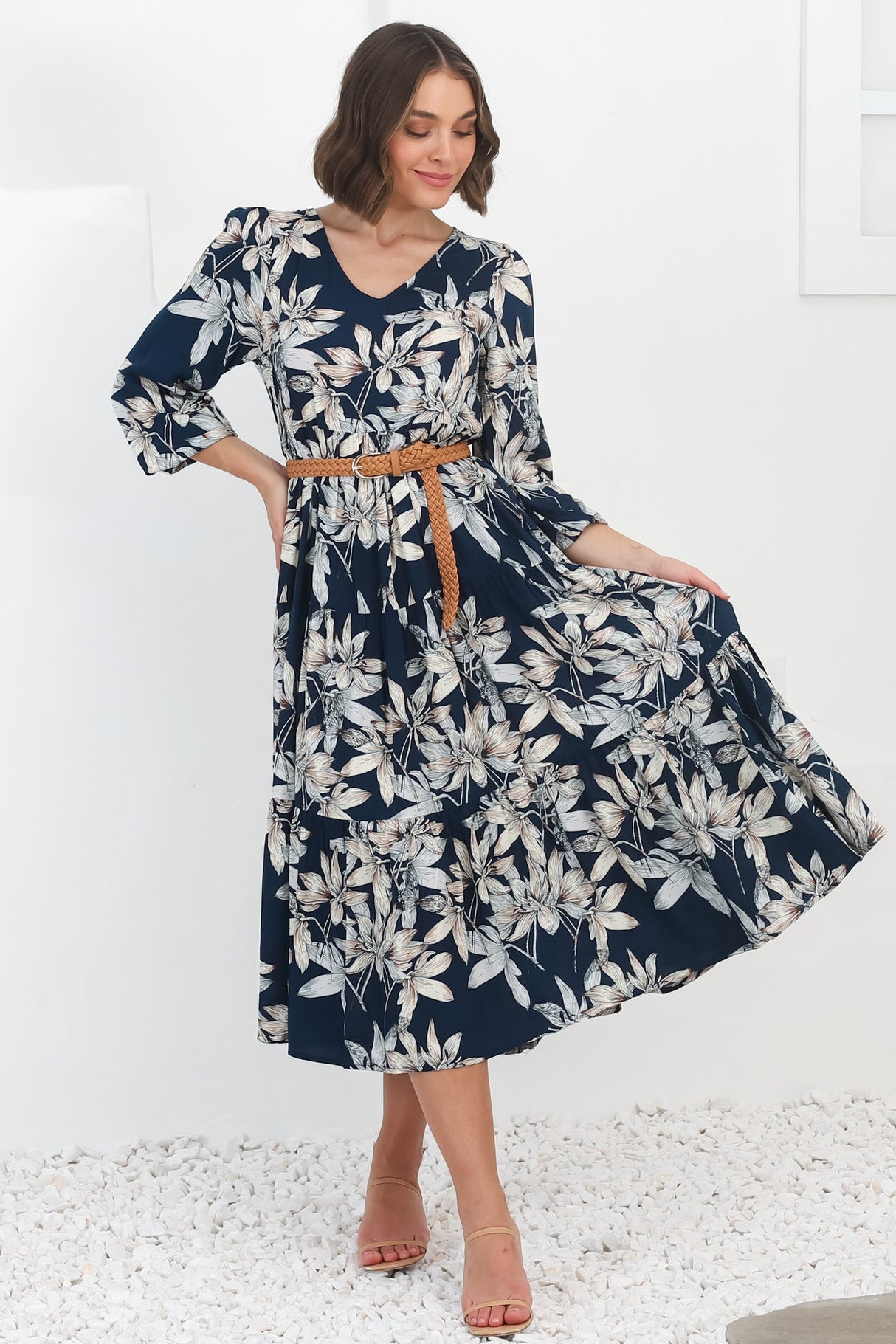 Erin Midi Dress: Tiered Smock Dress in the Frigg Print