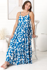 Kana Maxi Dress - Spaghetti Strap Asymmetric Tiered Dress in Jaxie Print Blue