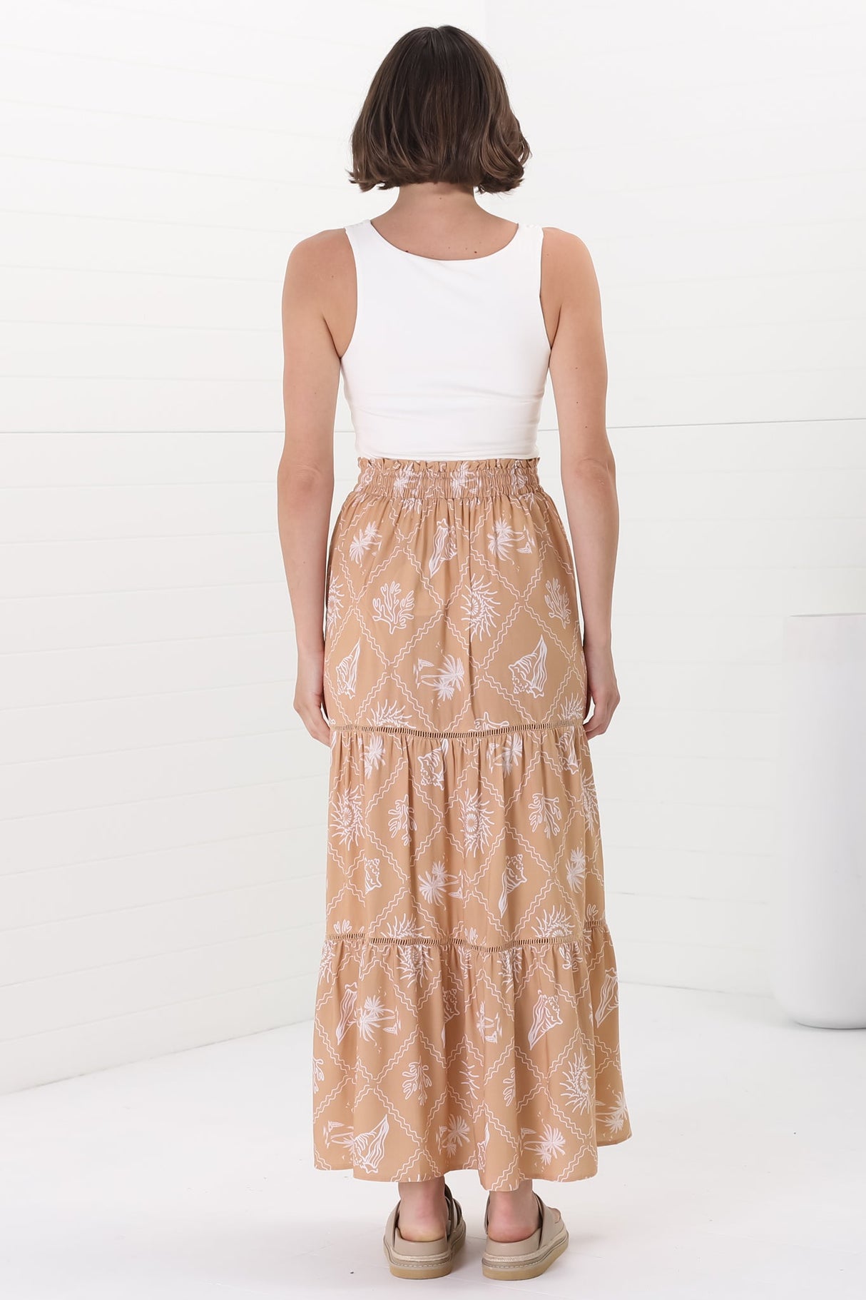 Billy Maxi Skirt - Tiered Crochet Insert Skirt in Kalah Print Beige