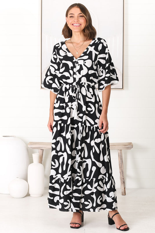 Demy Maxi Dress - Cap Sleeve Lace Trim A Line Dress in Jaxie Print Black