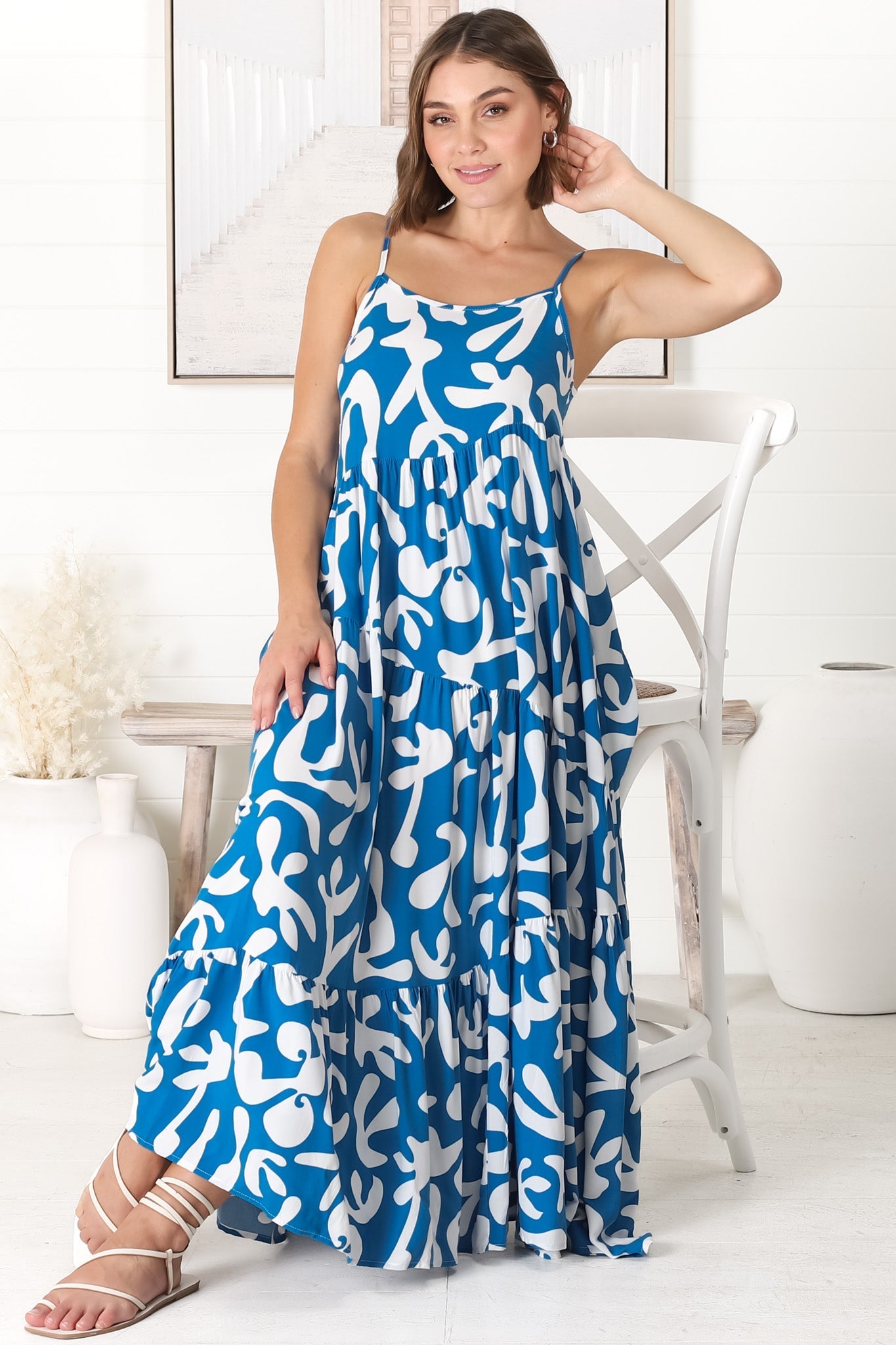 Kana Maxi Dress - Spaghetti Strap Asymmetric Tiered Dress in Jaxie Print Blue