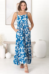 Kana Maxi Dress - Spaghetti Strap Asymmetric Tiered Dress in Jaxie Print Blue