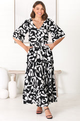 Demy Maxi Dress - Cap Sleeve Lace Trim A Line Dress in Jaxie Print Black