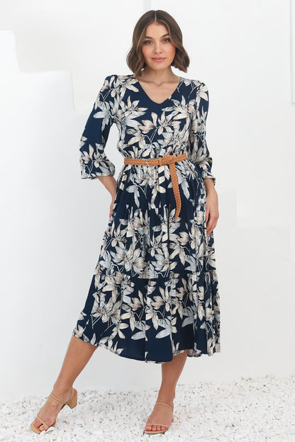 Erin Midi Dress: Tiered Smock Dress in the Frigg Print