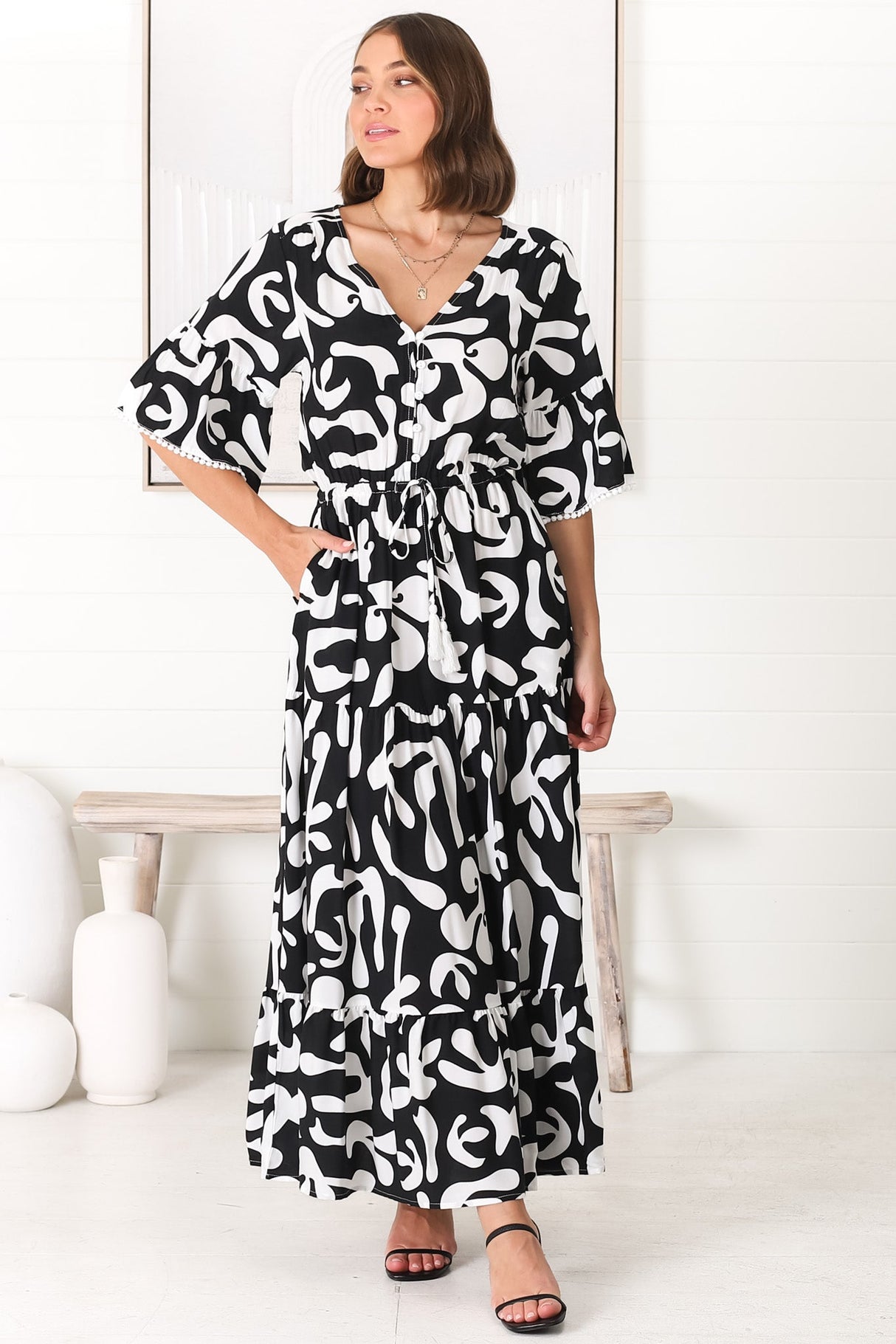 Demy Maxi Dress - Cap Sleeve Lace Trim A Line Dress in Jaxie Print Black