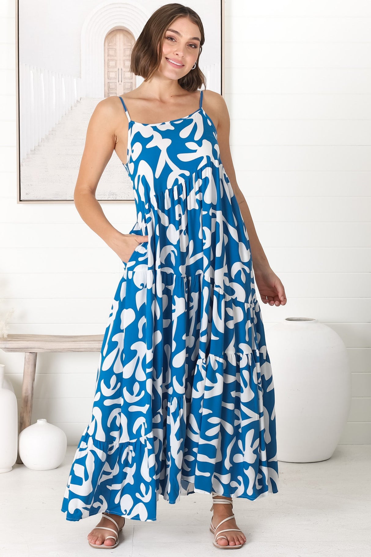 Kana Maxi Dress - Spaghetti Strap Asymmetric Tiered Dress in Jaxie Print Blue