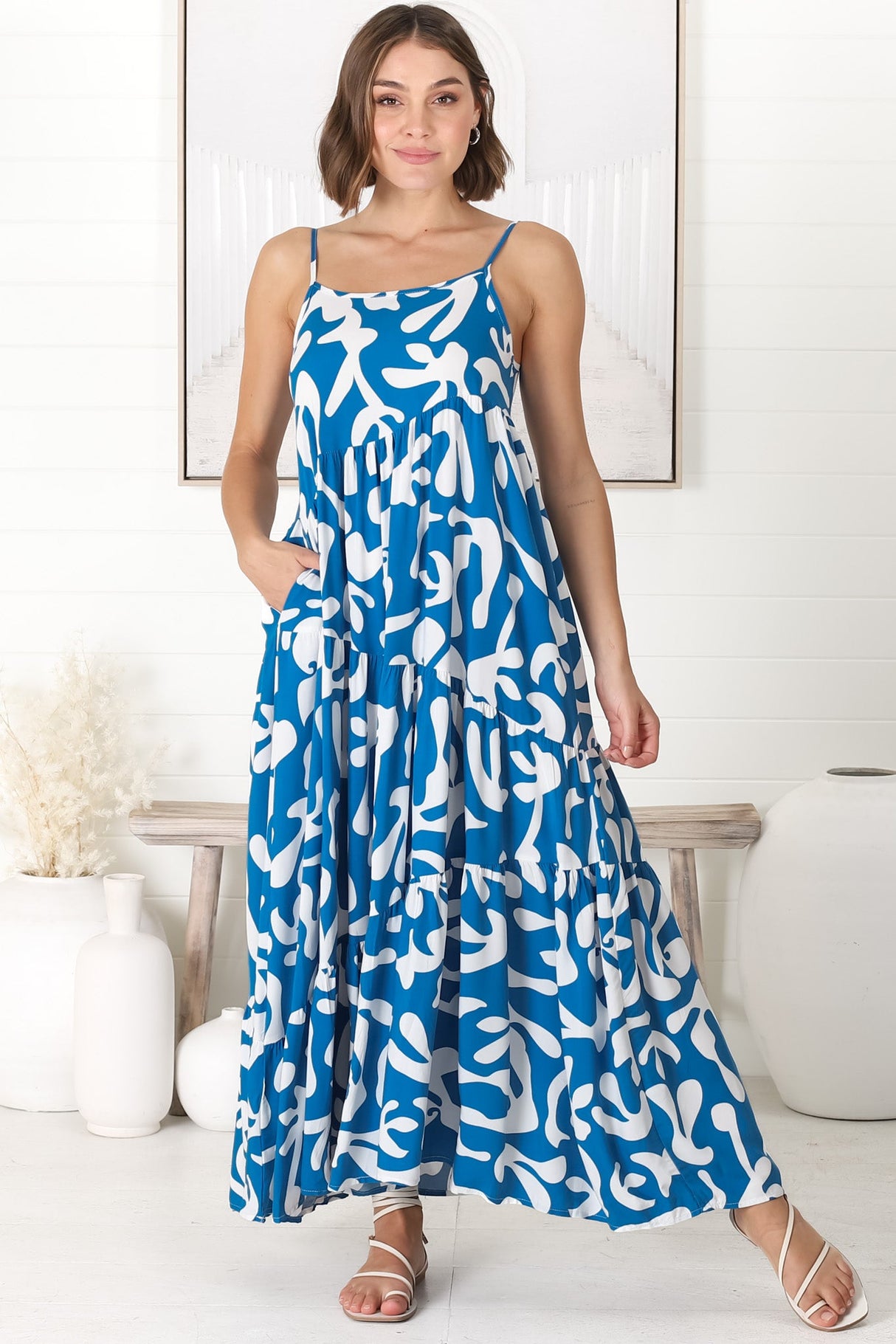 Kana Maxi Dress - Spaghetti Strap Asymmetric Tiered Dress in Jaxie Print Blue