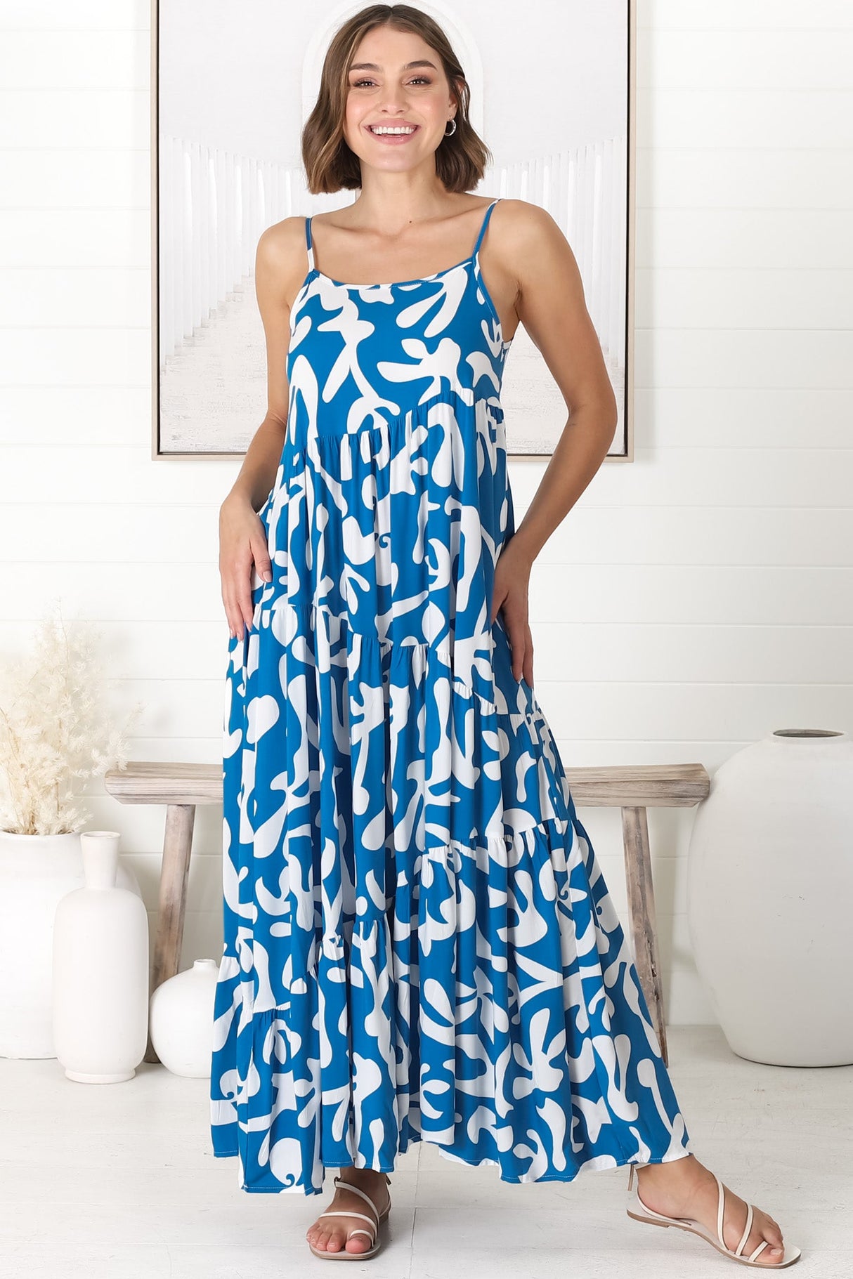 Kana Maxi Dress - Spaghetti Strap Asymmetric Tiered Dress in Jaxie Print Blue