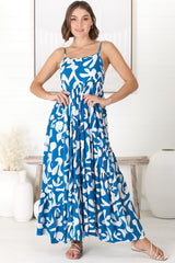 Kana Maxi Dress - Spaghetti Strap Asymmetric Tiered Dress in Jaxie Print Blue