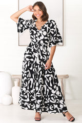 Demy Maxi Dress - Cap Sleeve Lace Trim A Line Dress in Jaxie Print Black