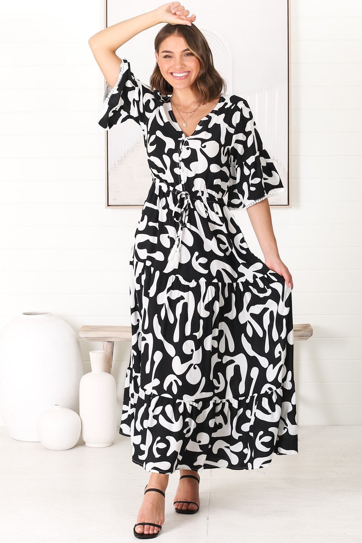 Demy Maxi Dress - Cap Sleeve Lace Trim A Line Dress in Jaxie Print Black