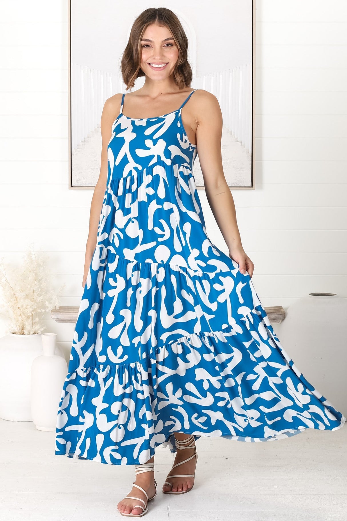 Kana Maxi Dress - Spaghetti Strap Asymmetric Tiered Dress in Jaxie Print Blue