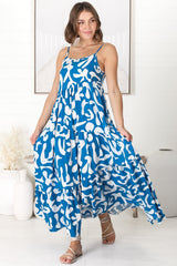 Kana Maxi Dress - Spaghetti Strap Asymmetric Tiered Dress in Jaxie Print Blue