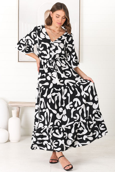 Demy Maxi Dress - Cap Sleeve Lace Trim A Line Dress in Jaxie Print Black