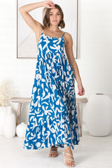 Kana Maxi Dress - Spaghetti Strap Asymmetric Tiered Dress in Jaxie Print Blue