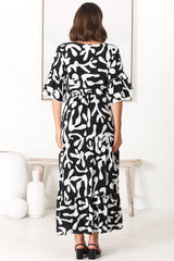 Demy Maxi Dress - Cap Sleeve Lace Trim A Line Dress in Jaxie Print Black