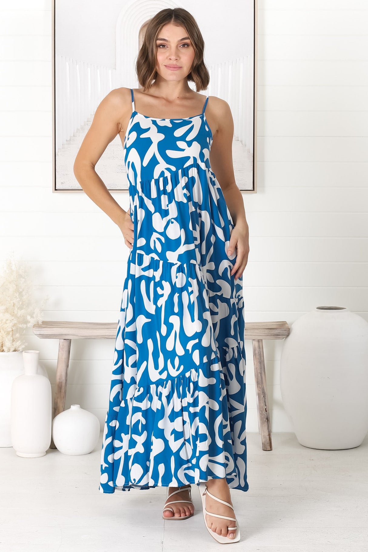 Kana Maxi Dress - Spaghetti Strap Asymmetric Tiered Dress in Jaxie Print Blue