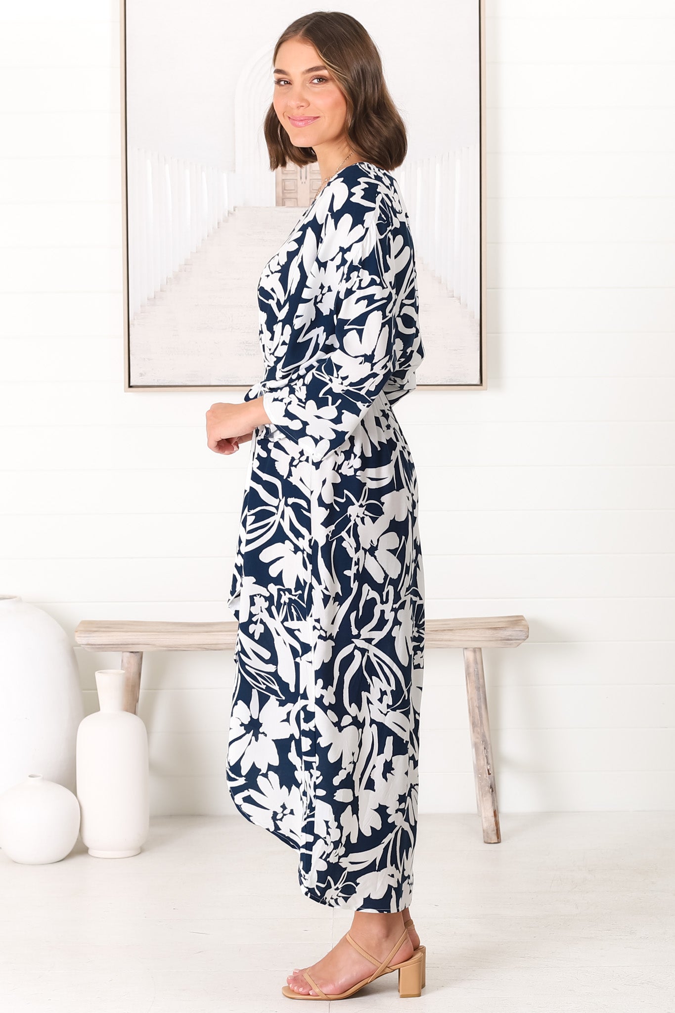 Casey Midi Dress - Kimono Sleeve High Low Dress with Waist Tie in Charis Print Blue